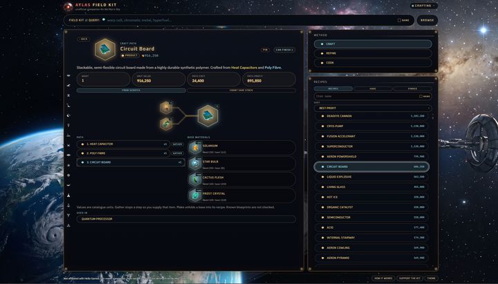 Atlas Field Kit Crafting mode planning a recipe across craft, refine, and cook