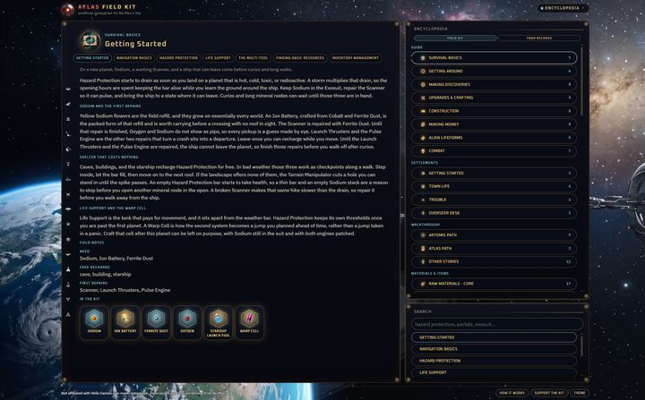 Atlas Field Kit Encyclopedia with guides, walkthroughs, and packed catalogues