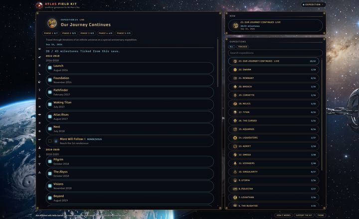 Atlas Field Kit Expedition mode listing seasonal milestones beside the game