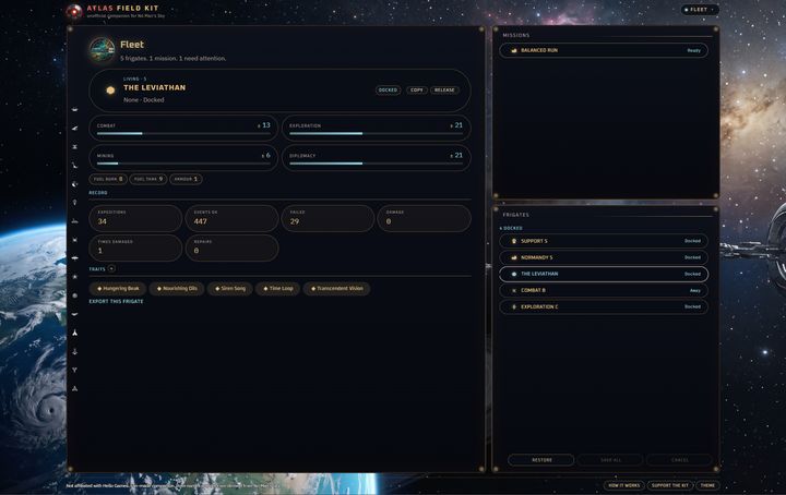 Atlas Field Kit Fleet mode showing frigate missions from the save file