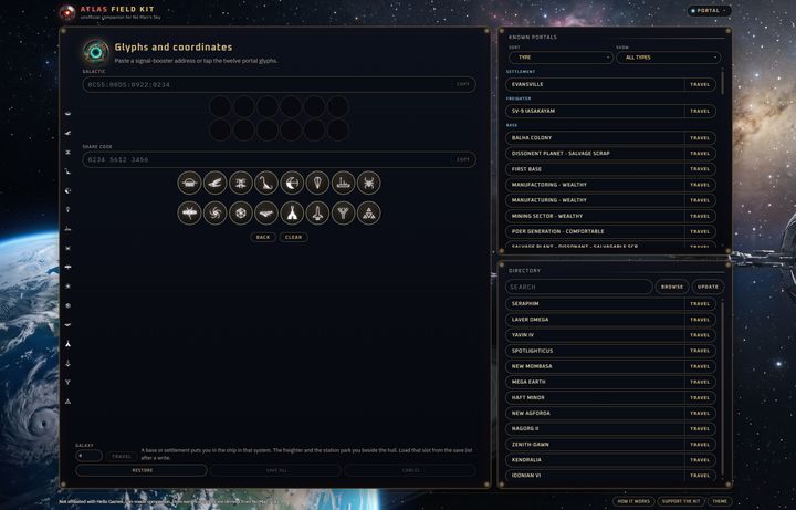 Atlas Field Kit Portal mode converting signal-booster addresses and glyph codes