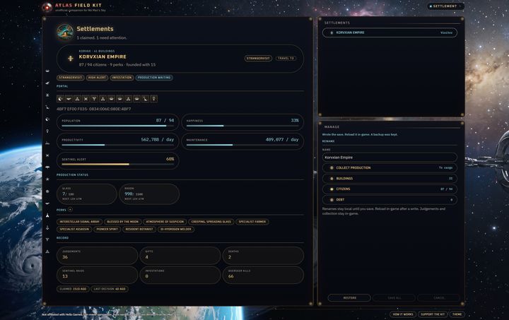 Atlas Field Kit Settlement mode with claimed town meters, perks, and production